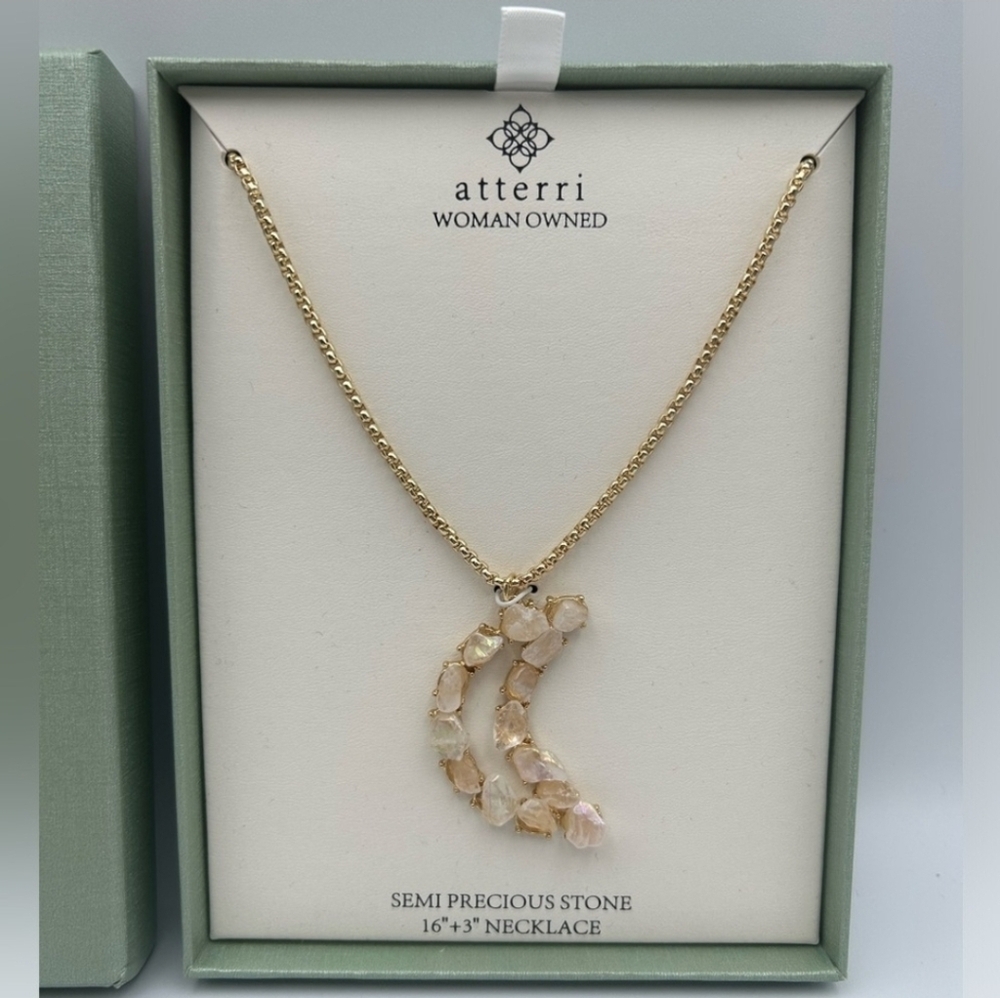 Atterri Beautiful Gold Tone Crescent Moon Semi Precious Stone Necklace